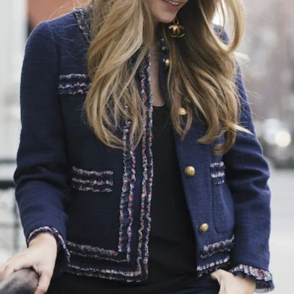 J. Crew Tweed Lady Jacket Blazer Gold Buttons Liberty Ruffle Trim Sz 4